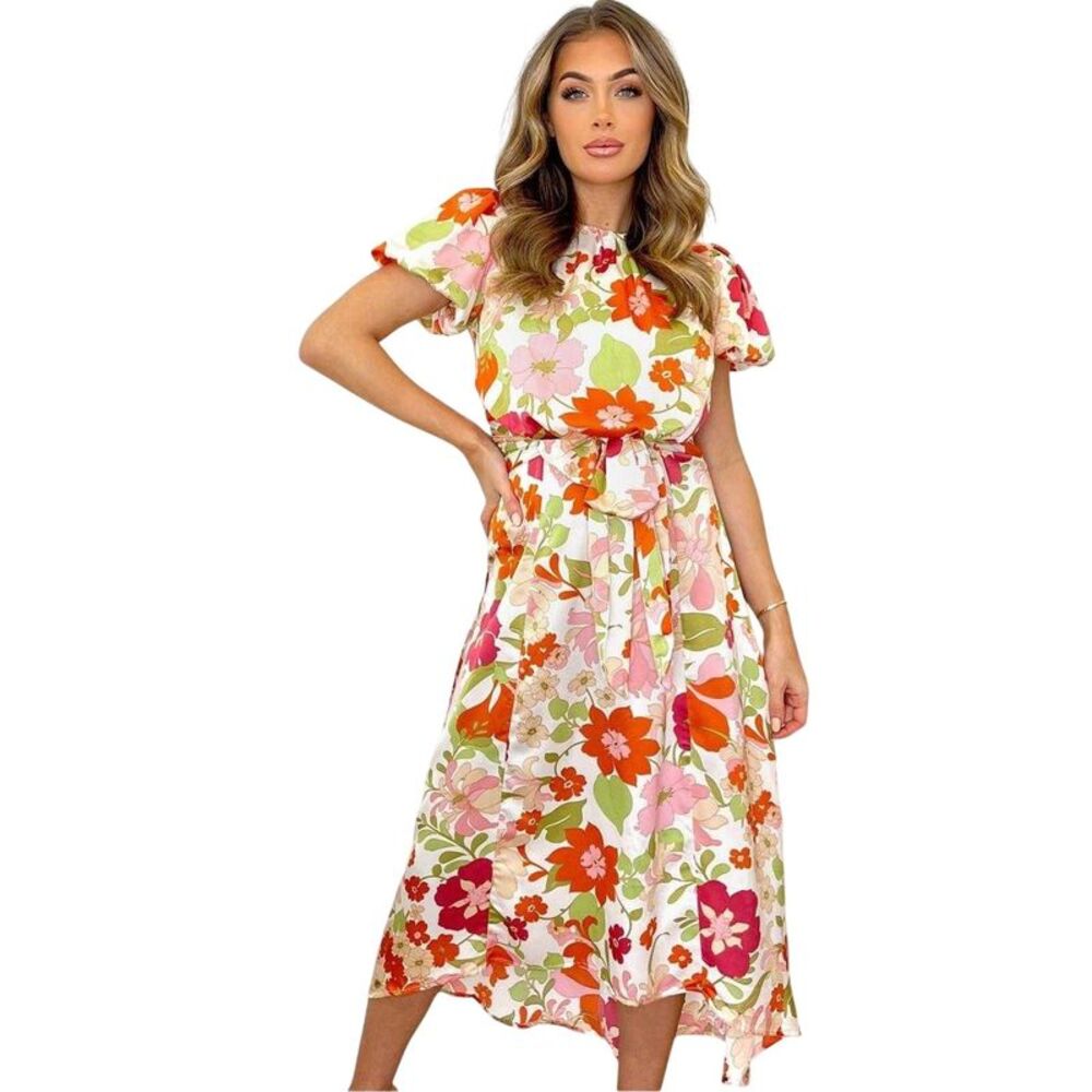 AX Paris Womens/Ladies Floral Polyester Puff Sleeve Midi Dress / Cream